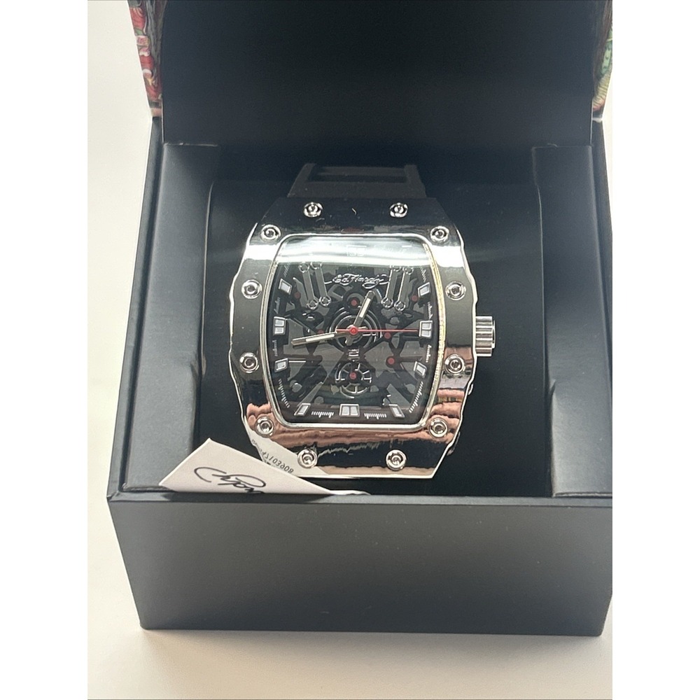 NIB Ed Hardy Men's Tonneau Shaped Silver Tone Watch Skeleton Dial Black Strap